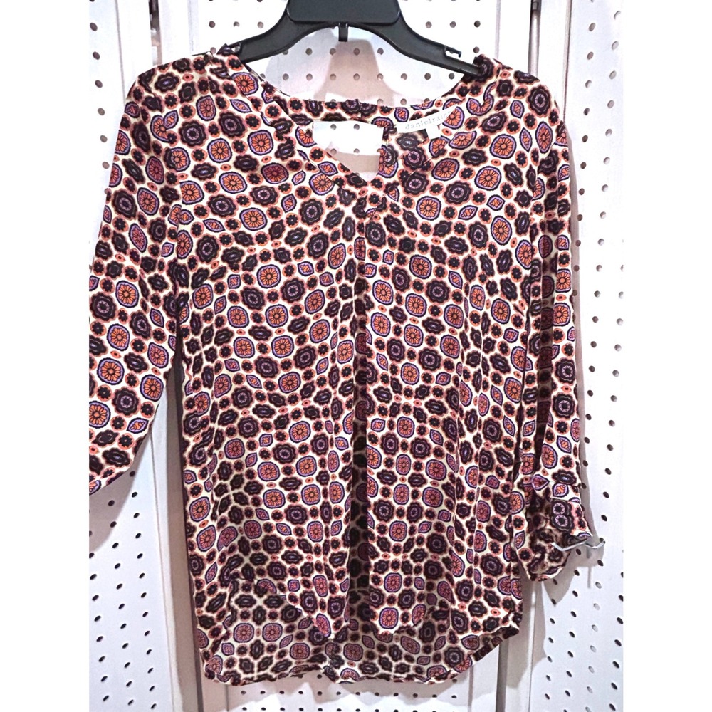 Daniel Rainn Womens S Geometric Print Keyhole Neck 3/4 Sleeve Blouse Top